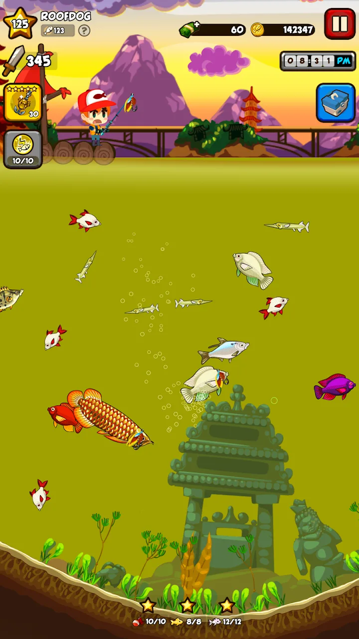 Zona de templo submerso em Fishing Break com peixes raros