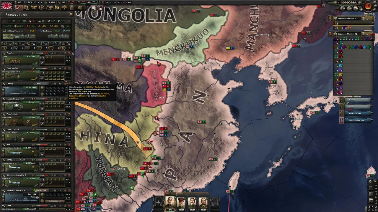 Interface de gestão de produção em Hearts of Iron IV
